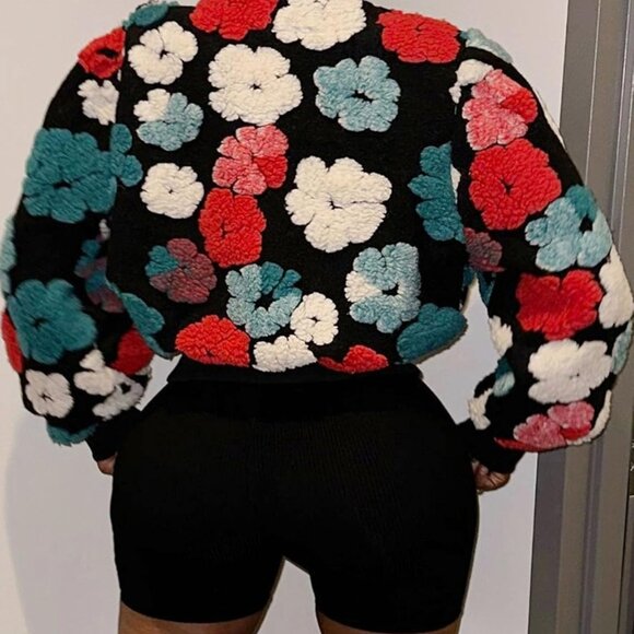 Women's Cropped Floral Print Bomber Jacket Warm Fleece Varsity Jacket Casual But - Picture 3 of 7